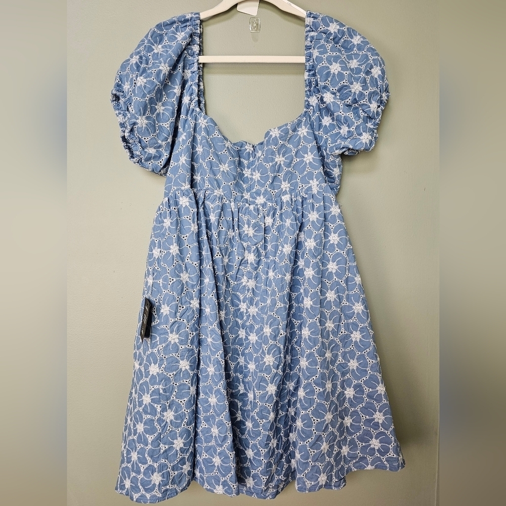 Lulus Fit to Frolic Blue Eyelet Lace Puff Sleeve Babydoll Dress, Size XXL - Picture 9 of 10
